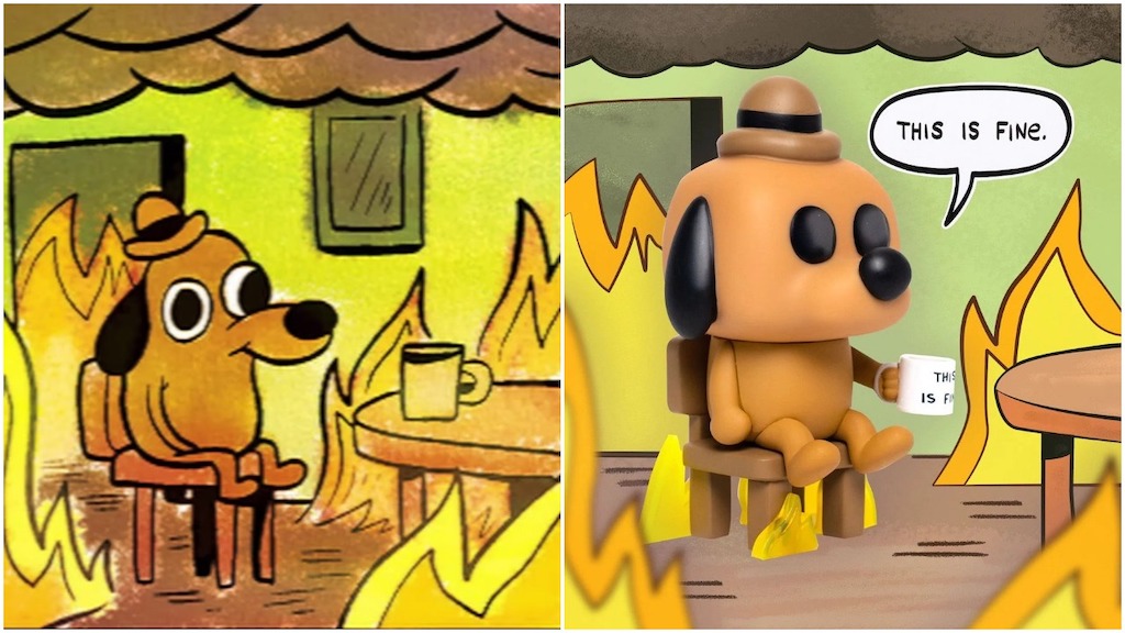 This is fine. Im Fine Мем. Собачка im Fine. This is Fine комикс.