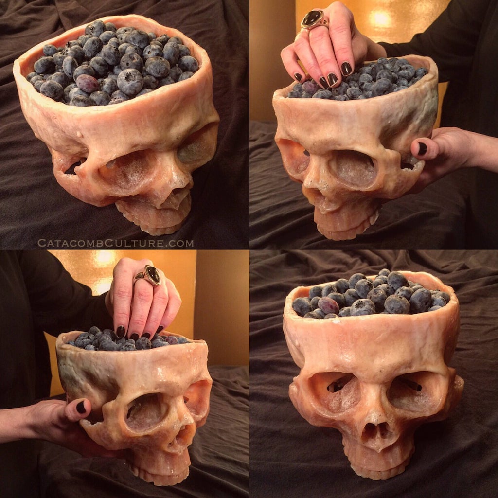 Human Skull Bowl Blueberries