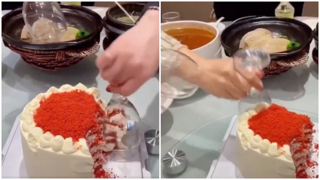 Cutting Cake With Wine Glasses