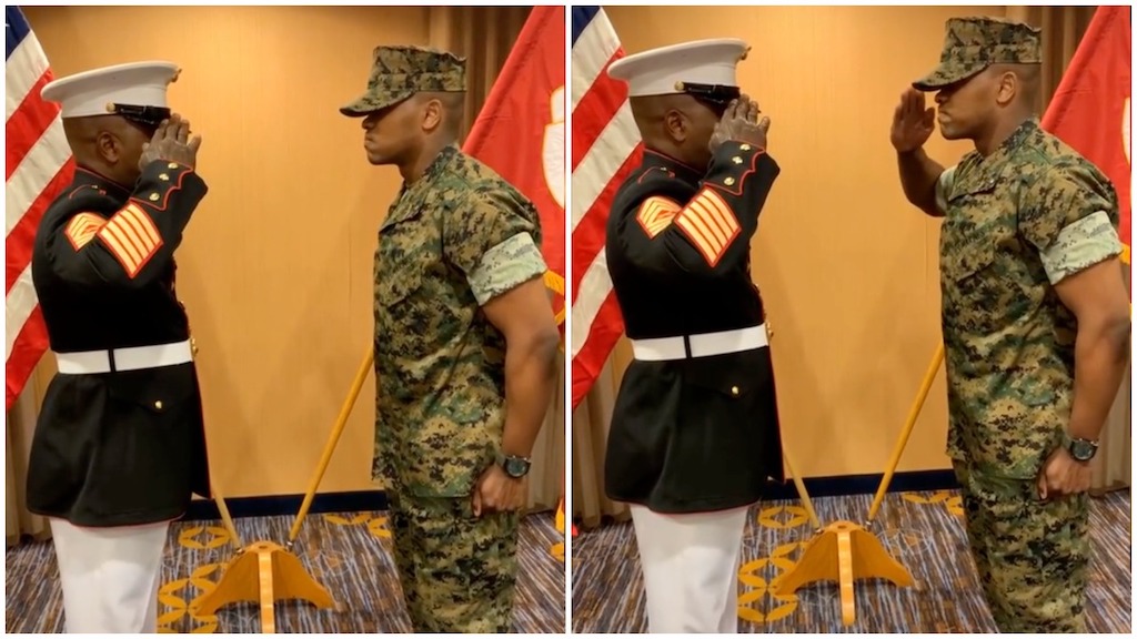 Father Gives Son His First Salute USMC