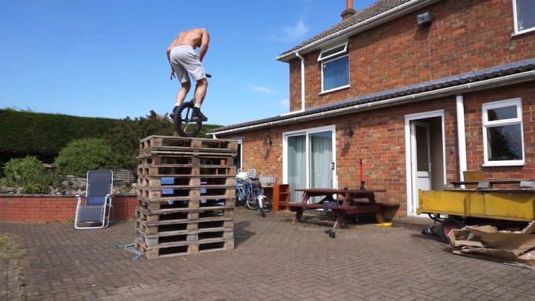 Unicyclist Jumps 10 Pallets 5 Feet High