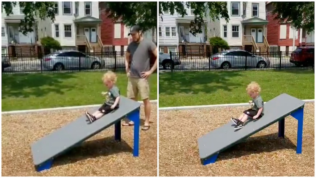 Little Boy Mistakes Obstacle Course Ramp for Slide