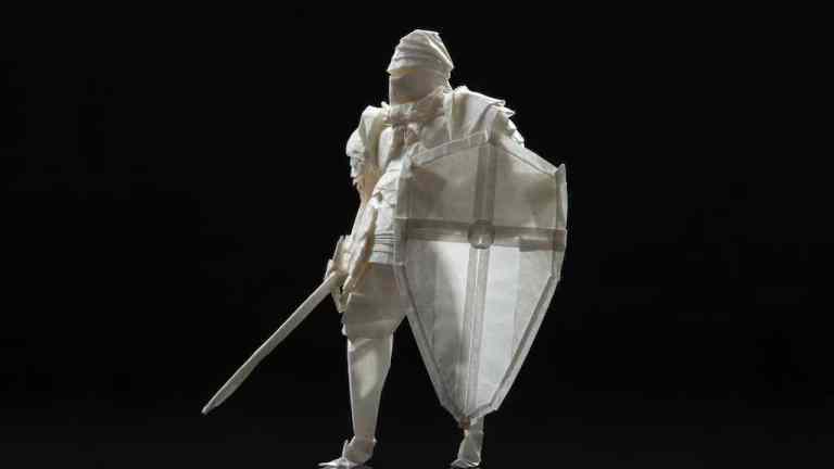 Folding origami knight from a single sheet of paper