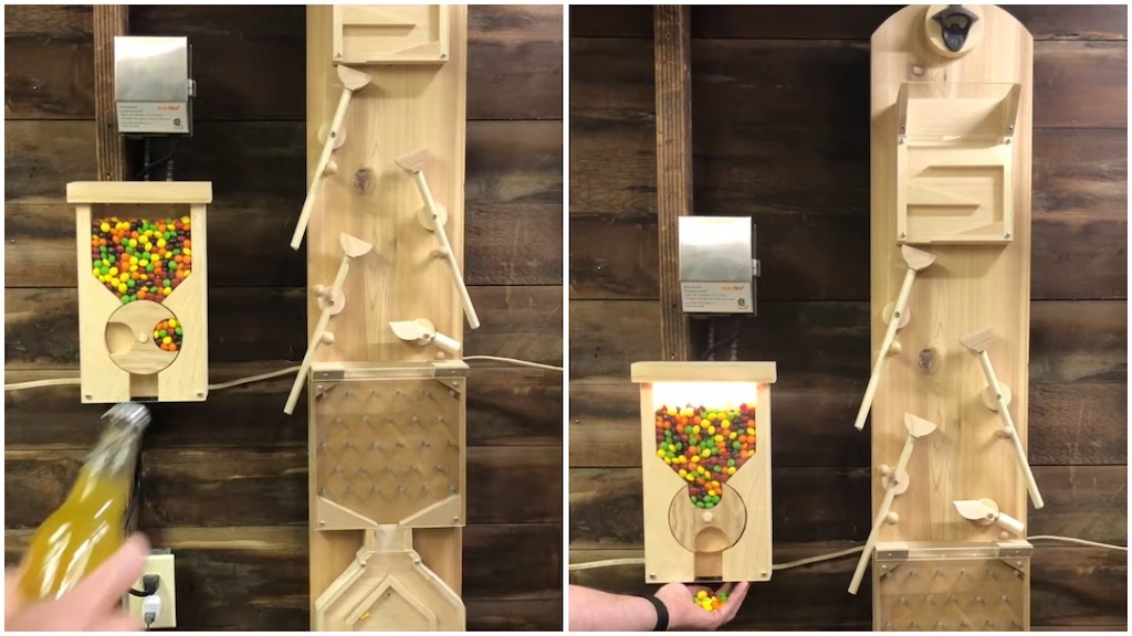 A Handy Bottle Opening Rube Goldberg Machine That Spits Out a Handful of Skittles With a Bottle Cap