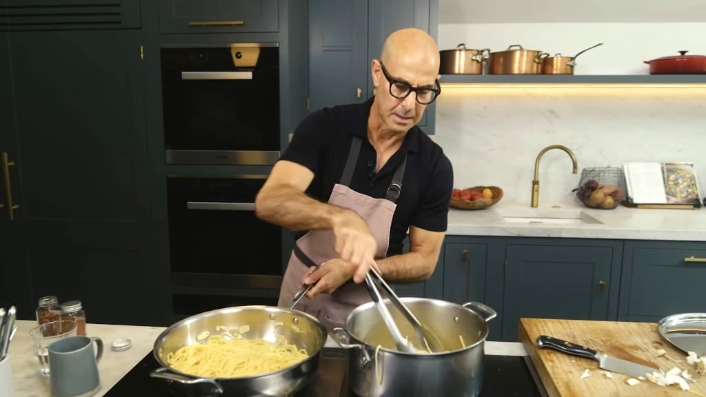 Stanley Tucci Humorously Prepares His Father’s Recipe for Friday Night ‘Spaghetti Aglio e Olio’