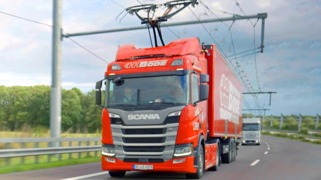 Truck Connecting to Electric Grid Overhead Wires