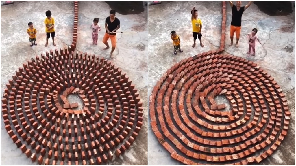 Man Sets Circle of Bricks to Fall Like Dominoes
