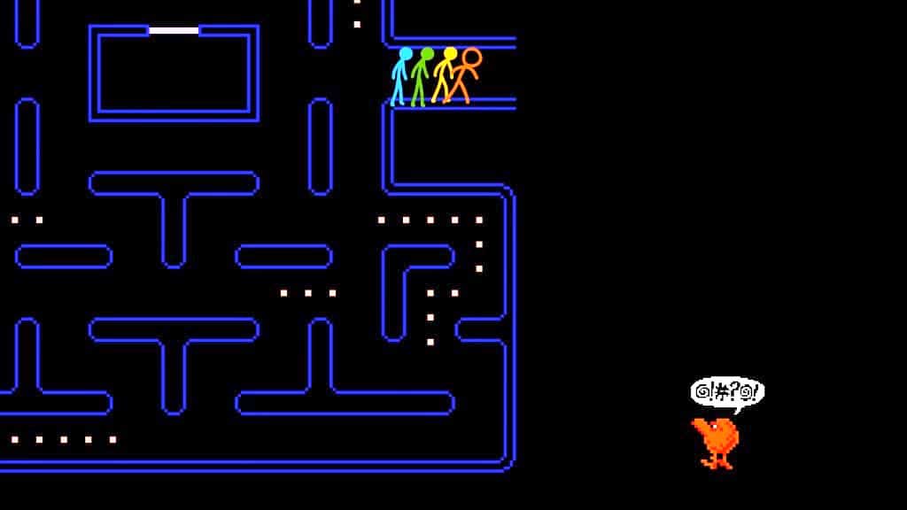 Animated Stick Figures Chase an Invading Q*Bert Inside of a Classic Pac-Man  Arcade Game
