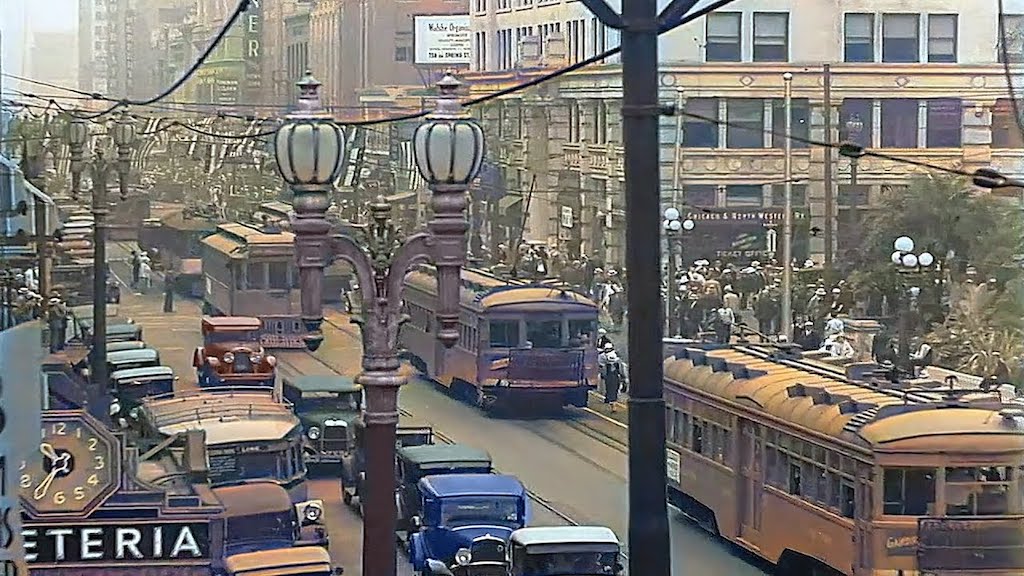 Enhanced Colorized Footage of a Bustling Downtown Los Angeles Street in