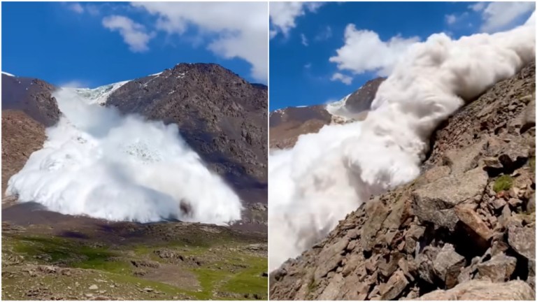 Avalanche Tian Shan mountains in Kyrgyzstan