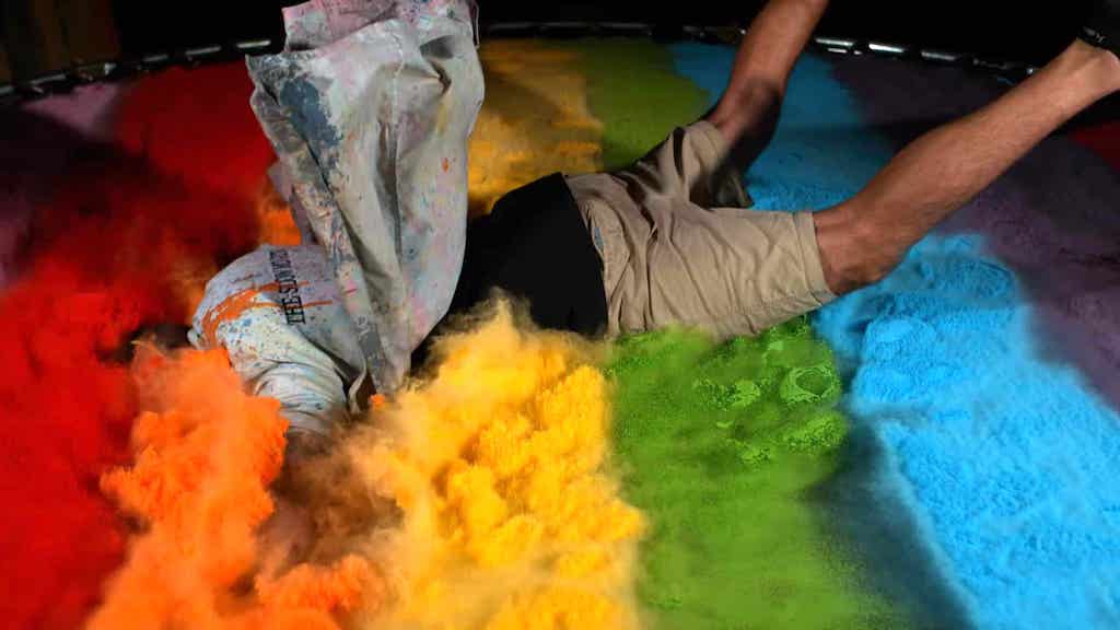 Diving on a Paint Covered Trampoline in Slow Mo