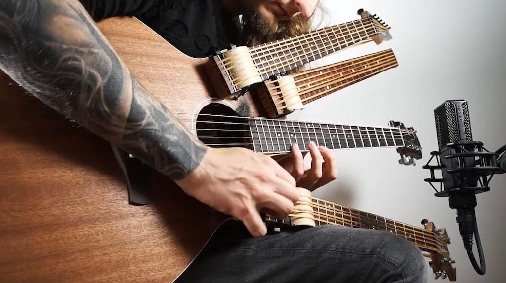 String Instruments Multiple Bridges A 24 String Guitar With Rubberband Strings and Cardboard Bridges