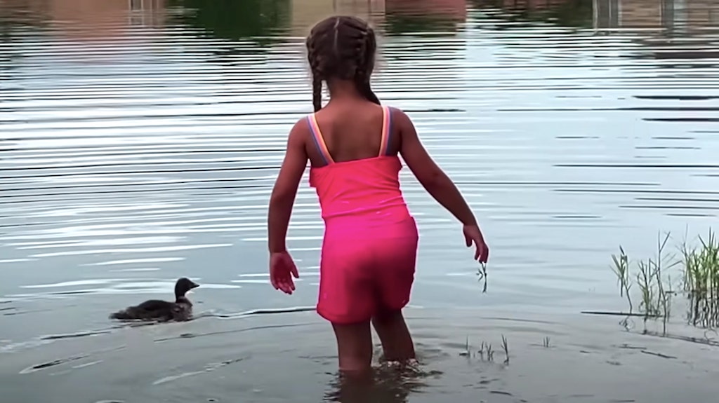 Girl Teaching Duck to Swim