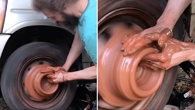 Vehicle Wheel as Pottery Wheel