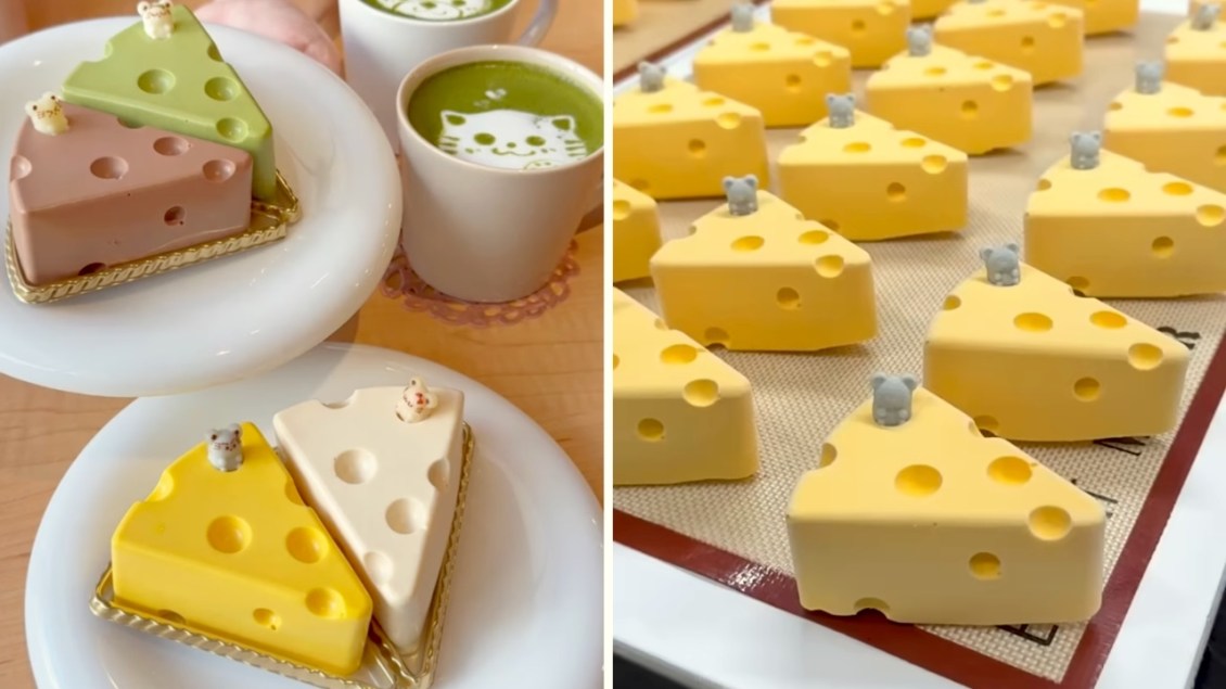 Cute Mini Cheesecakes That Look Like Hunks of Swiss Cheese With a Hand-Painted Mouse Peeking Out