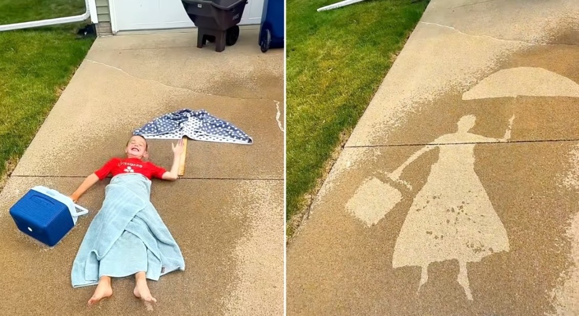Mom Sprays Water on Her Posed Kids to Create Clever ‘Water Silhouettes’ on the Driveway