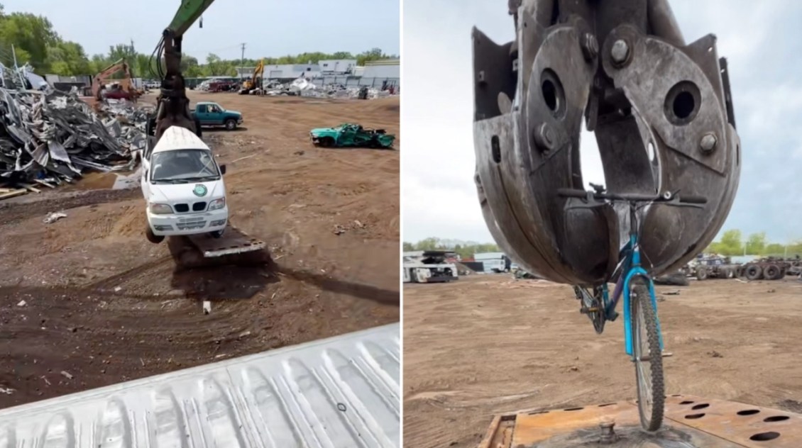 Scrap Yard Uses an Excavator to Move Vehicles Around Like Skateboarders in a Skate Park