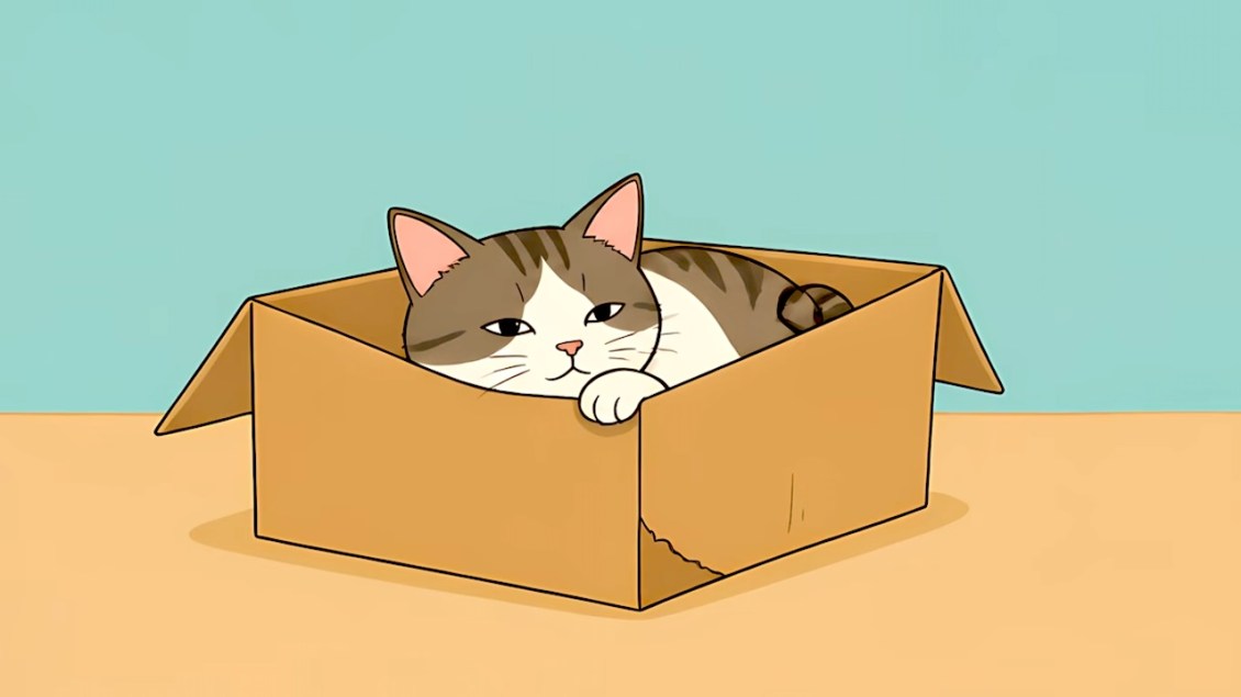 Illustration of a tabby-and-white cat resting inside a cardboard box