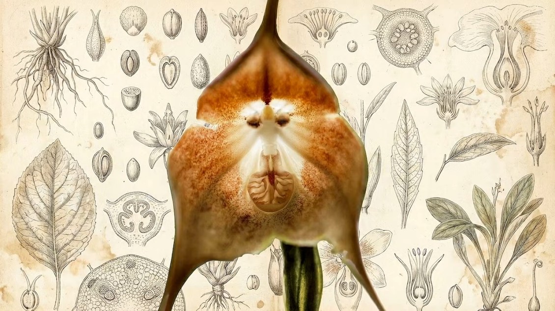 Monkey-faced orchid resembling a primate against botanical illustrations