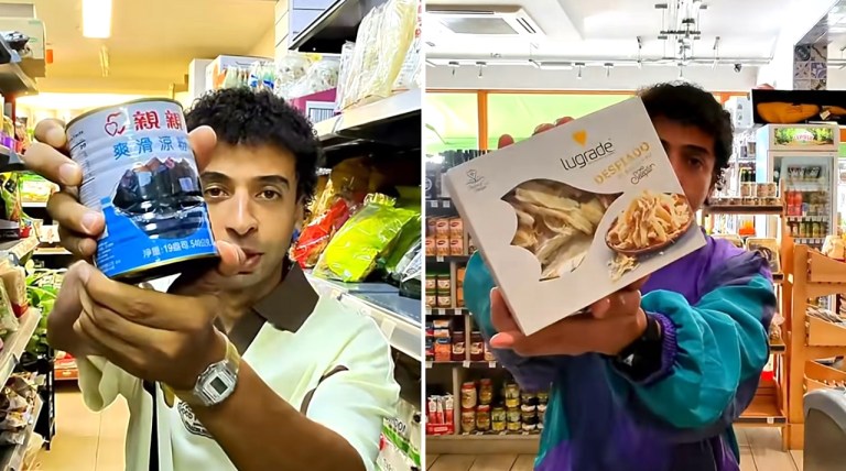 Hossam Fazulla tasting unfamiliar food on Food I Can’t Read