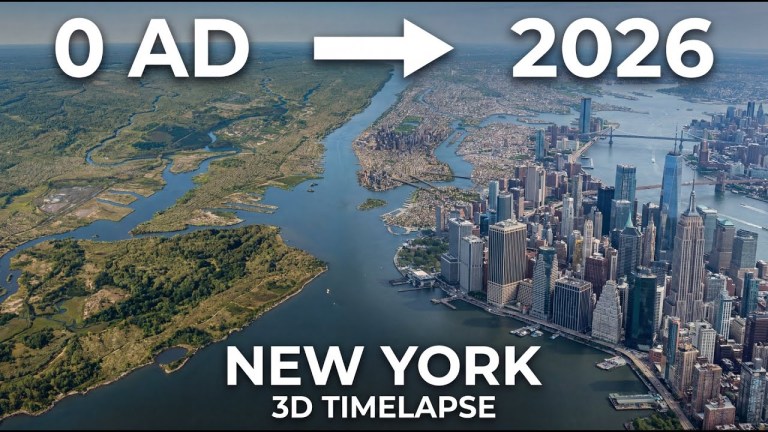 3D timelapse showing Manhattan Island evolving from 1600 to 2026