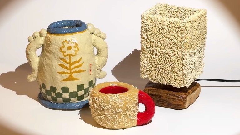 Coffee mug, vase, and lamp made from instant ramen noodles