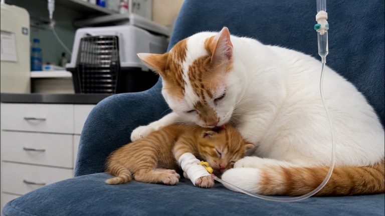 Rico the rescued clinic cat cuddling a kitten during veterinary treatment