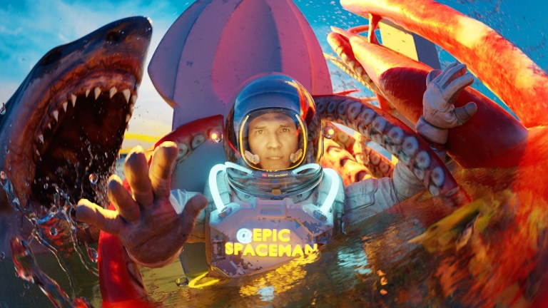 Epic Spaceman riding the Titanic's anchor through the Mariana Trench