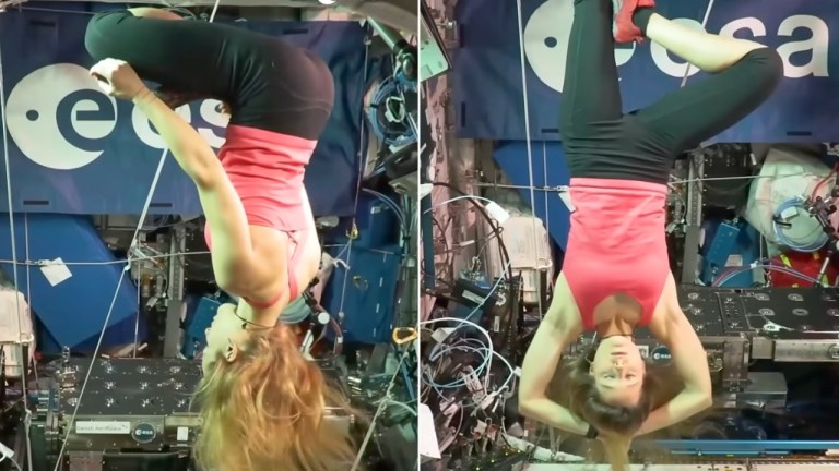 ESA astronaut Sophie Adenot practicing yin yoga in microgravity aboard the International Space Station
