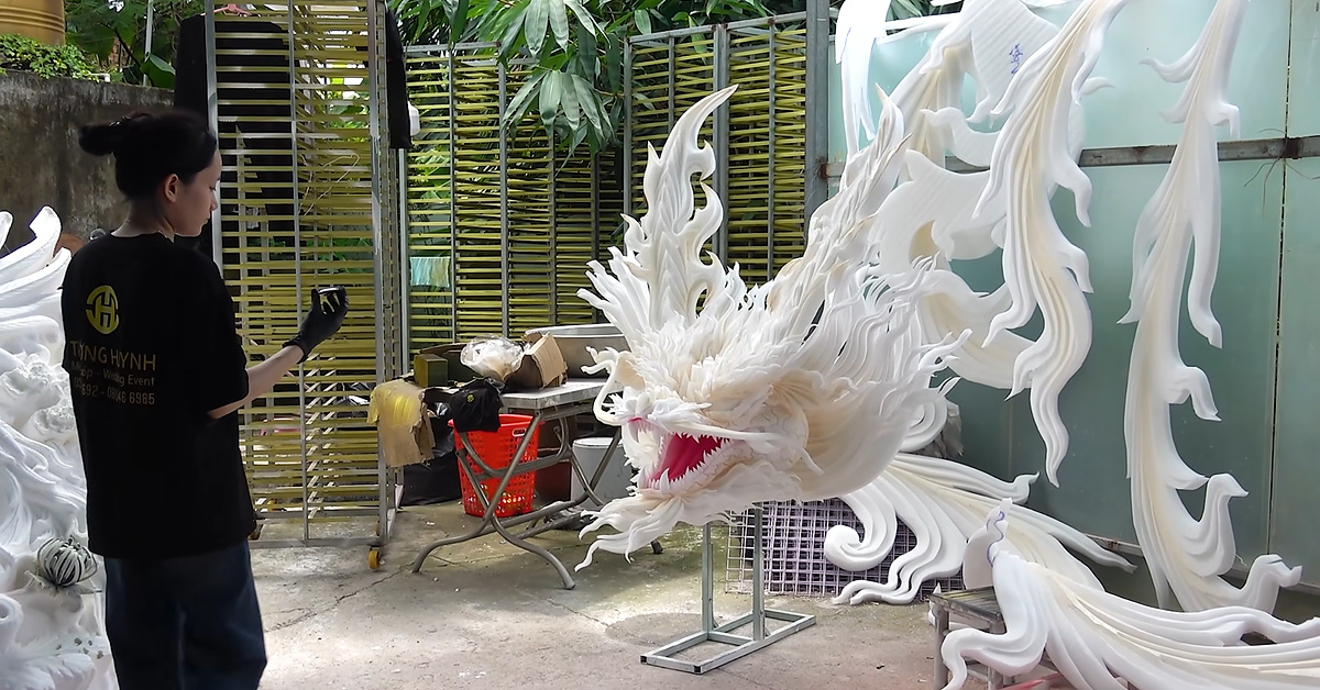 Artists in Vietnam Carve a Giant White Dragon From a Block of Foam