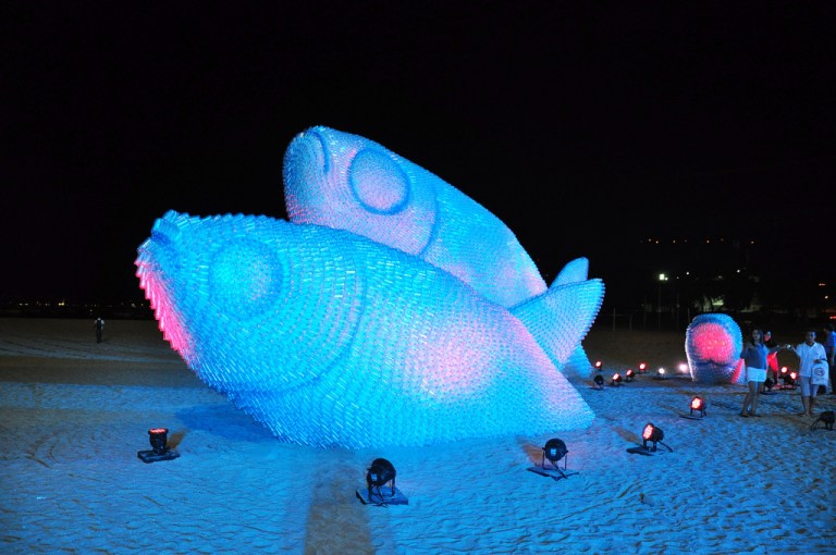 Giant fish sculptures made of plastic bottles