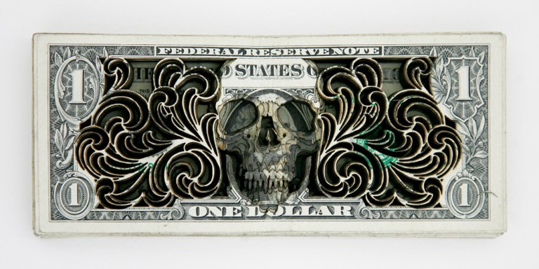 Laser cut dollar art by Scott Campbell