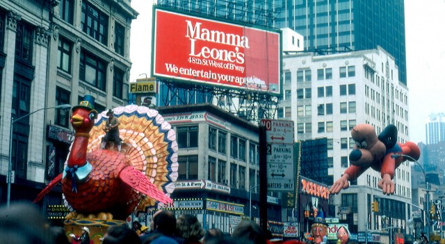 Macy's Thanksgiving Day Parade, 1979. Bob Keeshan rides the Tom Turkey chased by the Underdog balloon