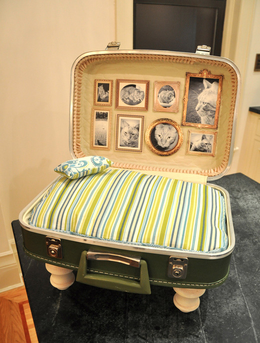 Vintage suitcase cat bed