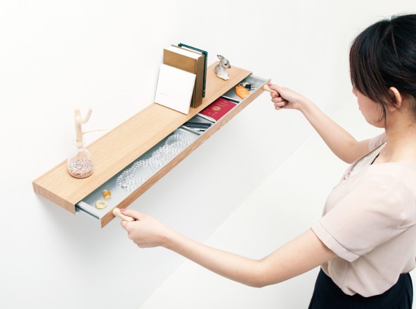 Clopen shelf with hidden drawer