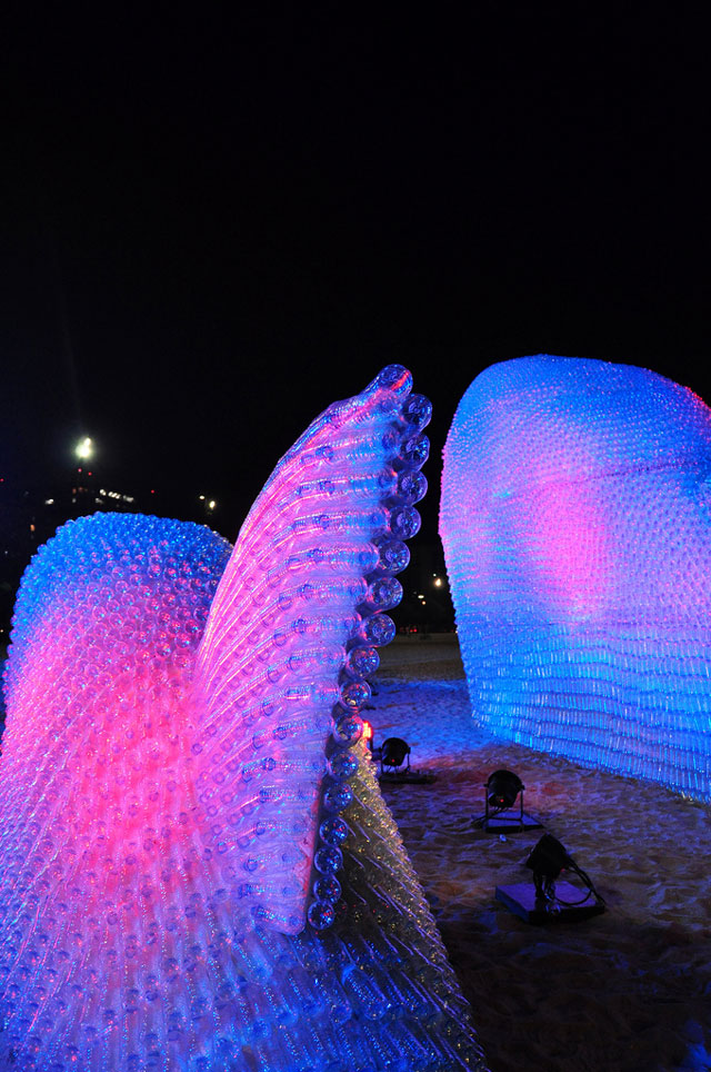 Giant fish sculptures made of plastic bottles