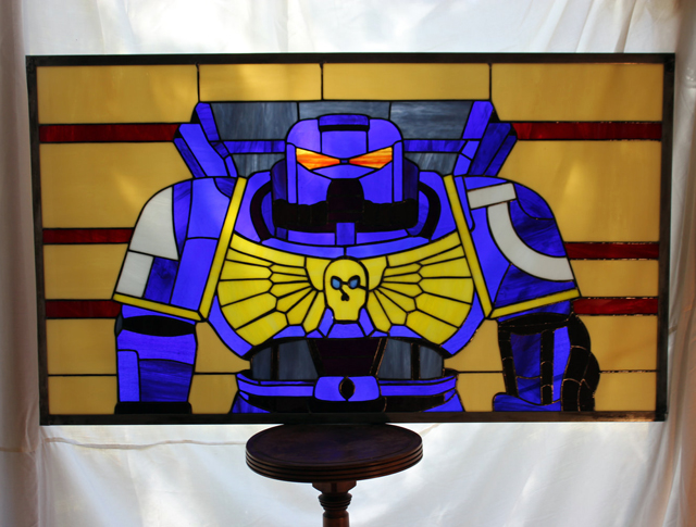 Warhammer 40k Space Marine X Stained Glass Panel by Martian Glass Works