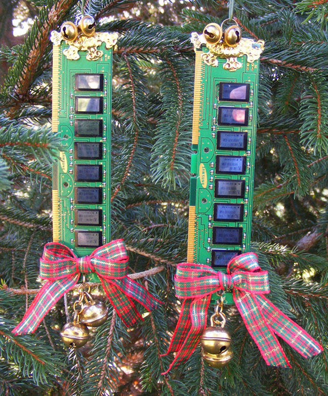 Recycled Computer Memory Christmas Tree Ornaments
