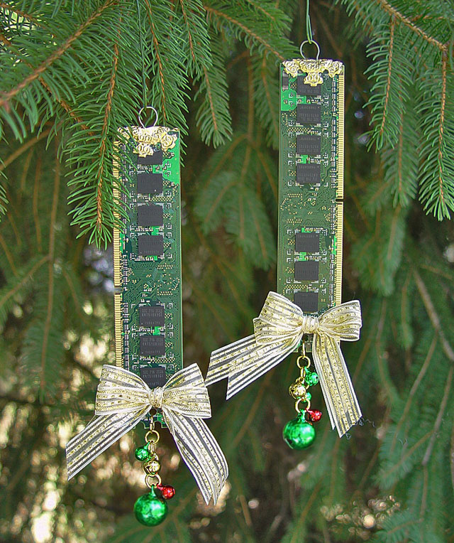 Recycled Computer Memory Christmas Tree Ornaments