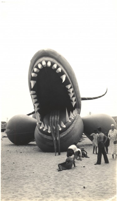Mouth of Tony Sarg's sea serpent balloon in the summer of 1937