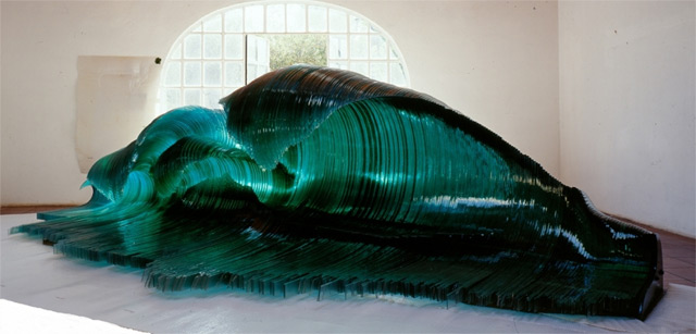 Glass and Wood Wave Sculptures by Mario Ceroli